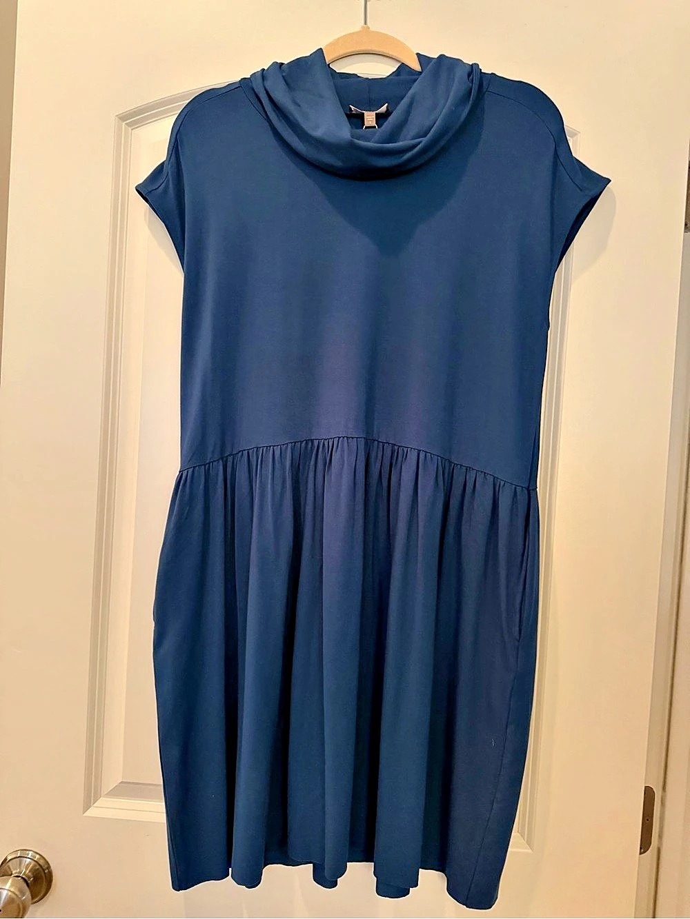 Lilla P Blue Cowl Neck Drop Waist Dress Size S NWT